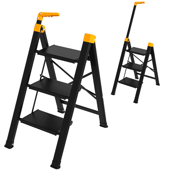 3 Step Stool,Foldable Step Stool  with Single-Handrail,Step Ladder with Anti-Slip Pedals for Home Kitchen Closet,Heavy Duty Step Ladder,Aluminum Sturdy Material,600lbs Max Load Capacity (Yellow)