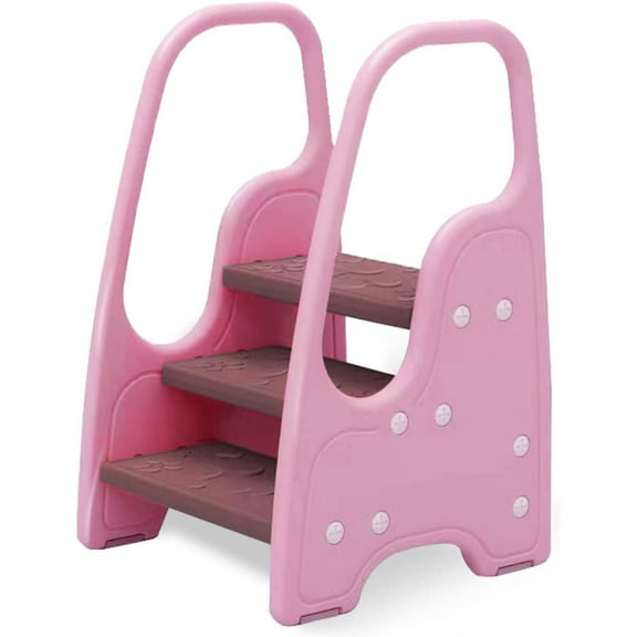 3 Step Stool for Toddler,Kids Three Step Stool for Bathroom Sink or Kitchen Counter Standing Tower, Children Step Up Learning Helper with Safety Handles and Non-Slip Pads,Pink