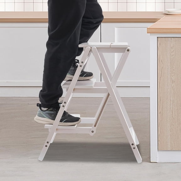 3 Step Stool White Wooden Foldable Step Ladder with Wide Pedal for  Office Garage