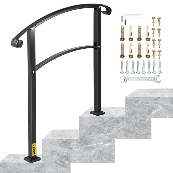 3 Step Transitional Handrail Matte Black Wrought Iron Stair Rail with Installation Kit for Outdoor Steps