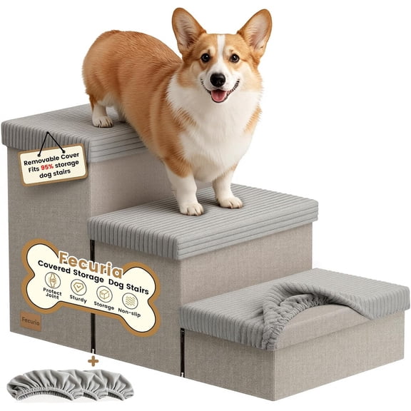 3-Step Wide Dog Stairs 18" H with Removable Cover, Non-Slip Storage Pet Steps for High Bed Couch, Pet Stairs for Small/Medium/Large Old Dogs Puppy Up to 200lbs, Cat Dog Steps for Car, Grey