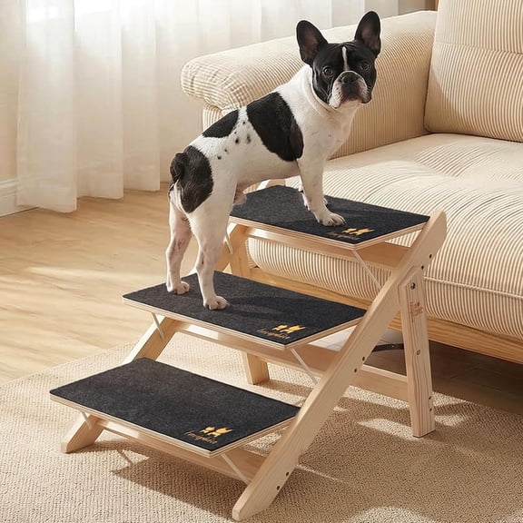 3-Step Wooden Foldable Dog Stairs, Anti-Slip Pet Ramp for Beds Couches, Supports Up to 220lbs for Dogs Cats