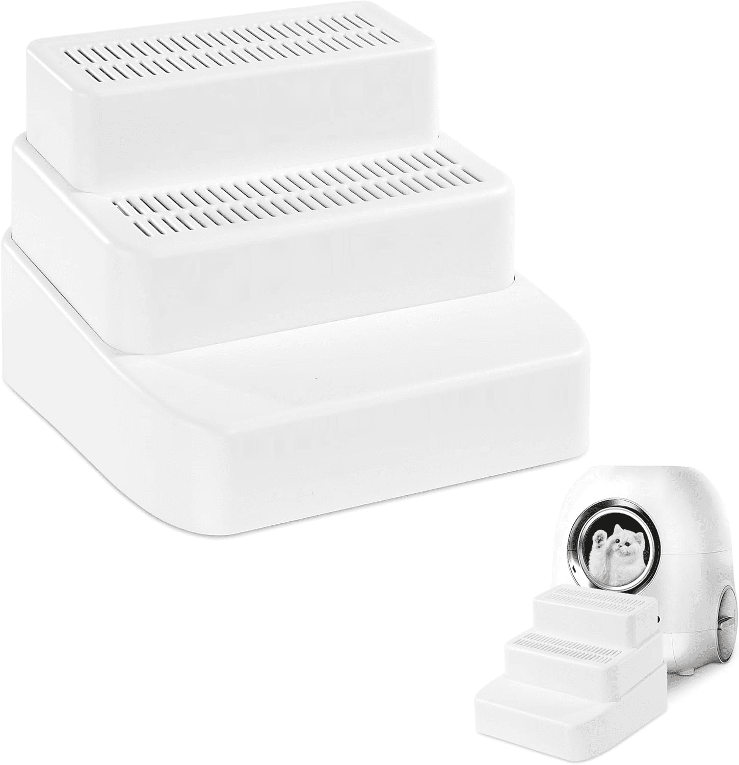 3 Steps Litter Box Ramp with Filter Function, Detachable Litter Trapper, Easy Clean Adjustable Cat Litter Stair for Small & Elderly Cats, White