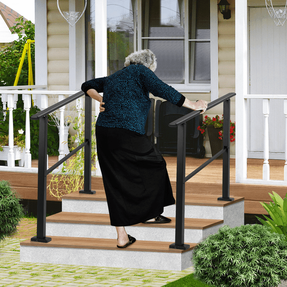 3 Steps Outdoor Stair Railing, Metal Handrail with Installation Kit, Exterior Hand Rail for Concrete & Wooden Stairs