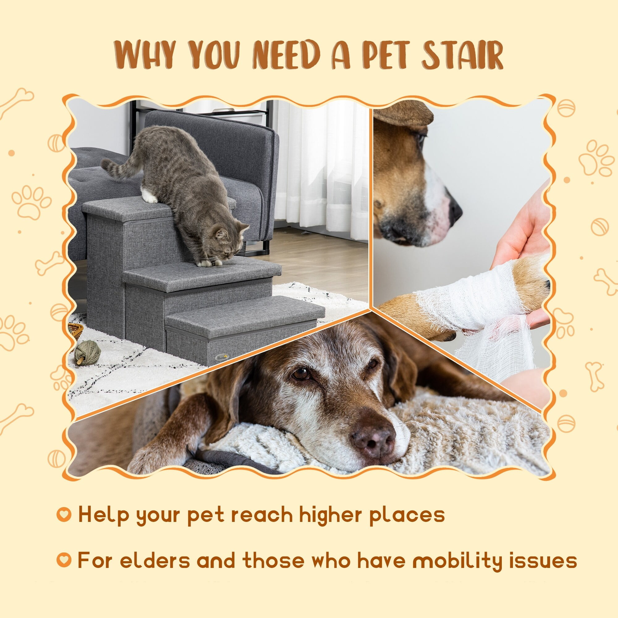 Gray MDF 3-Step Pet Stairs with Storage