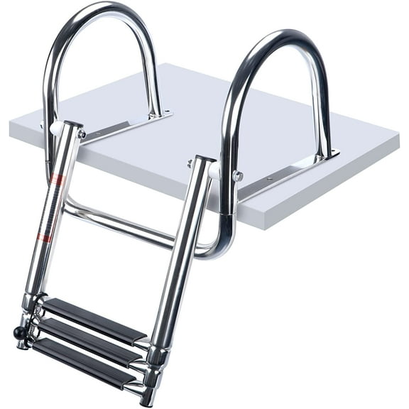 3 Steps Pontoon Boat Ladder, Stainless Steel Folding Telescoping Rear Entry Inboard Ladder Heavy Duty Custom Swim Deck Ladder with Pedal Hand Railing Ladder
