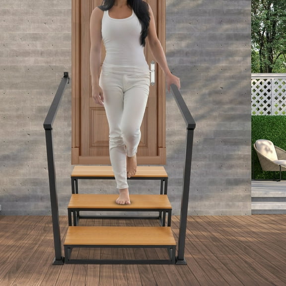 Black Wood And Iron 80x75x52cm Three-Step Stairs With Handrails Anti-Skid Stability Three-Story Stair