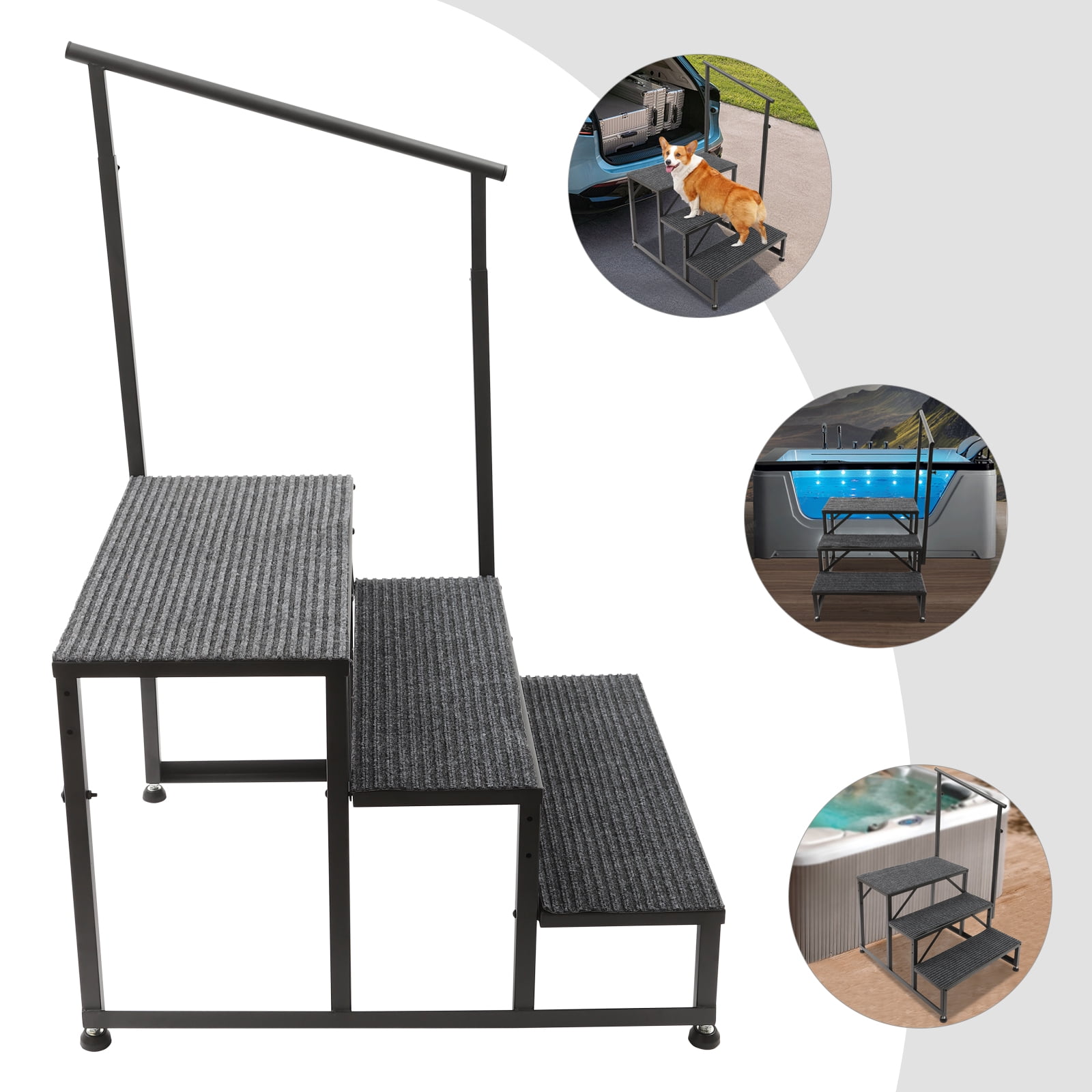 3 Steps Steel Ladder Porch Steps w/ Handrails Portable Step Stool Floor ...