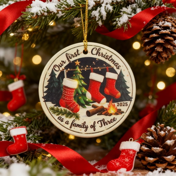 Ornaments by Design – First Christmas as a Family of 3 – Ceramic Ornament