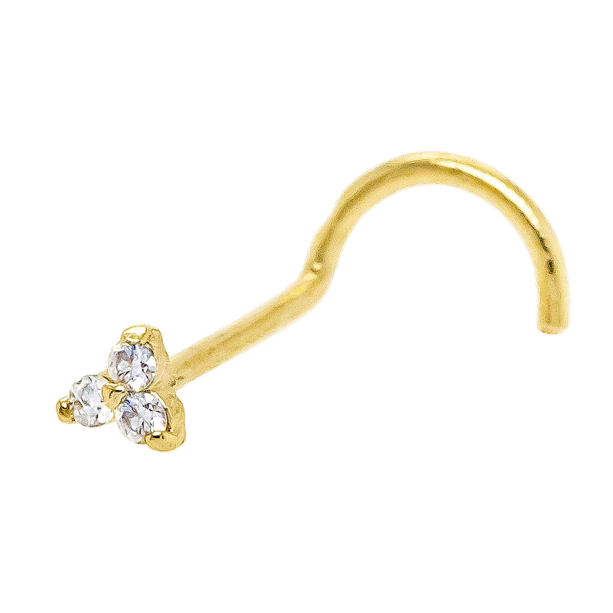 3-Stone 0.015ctw Moissanite Nose Stud - 22G Solid 14Kt Yellow Gold Nose Screw Stud Nose Ring - April Birthstone Nose Stud
