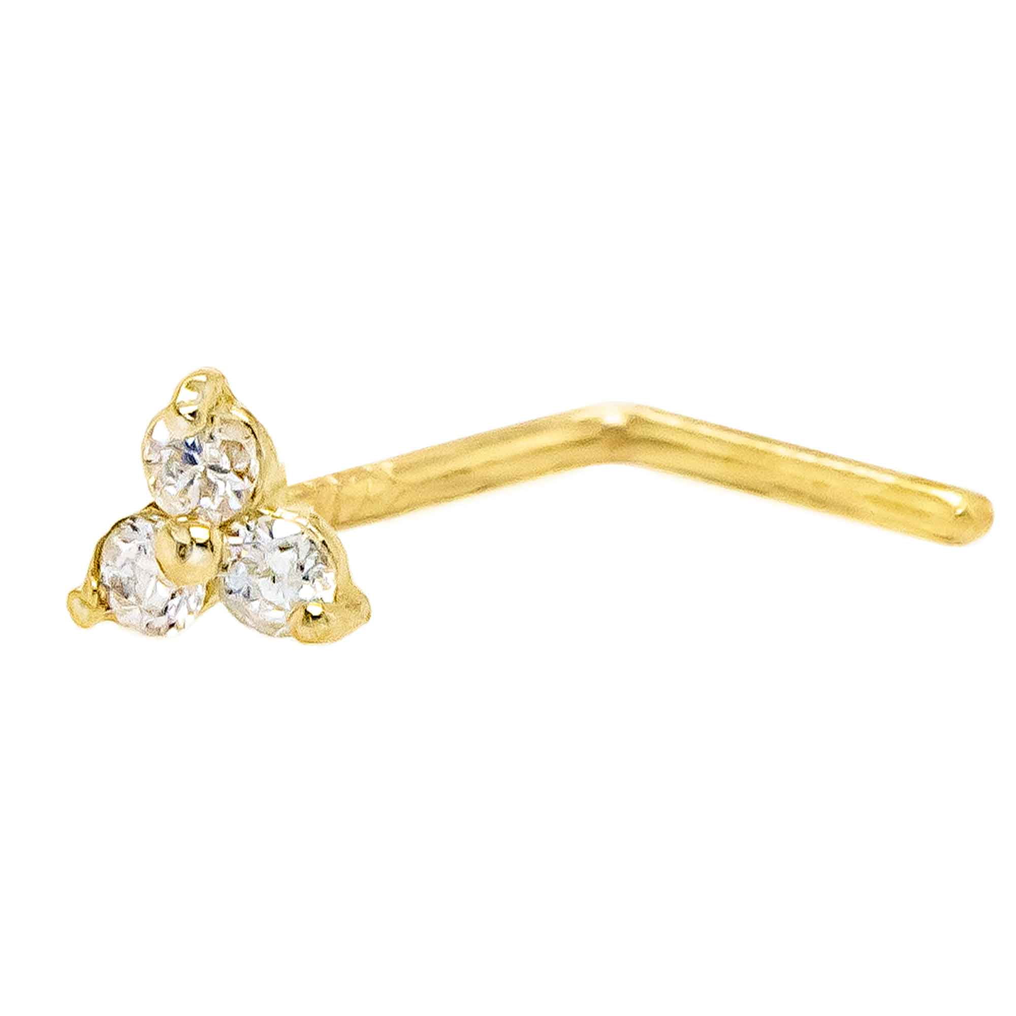 3-Stone 0.030ctw Moissanite Nose Stud - 22G Solid 14Kt Yellow Gold L-Shape Stud Nose Ring - April Birthstone Nose Stud