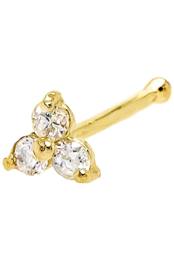 3-Stone 0.030ctw Moissanite Nose Stud - 22G Solid 14Kt Yellow Gold Nose Bone Stud Nose Ring - April Birthstone Nose Stud