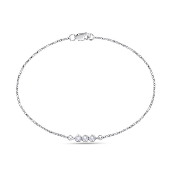 3-Stone Bracelet For Women | 2MM Round Lab Created Moissanite Stackable Cable Link Chain Bracelets | 14K White Gold Over Sterling Silver Jewelry Gifts For Her (0.10 Cttw) 6.00"