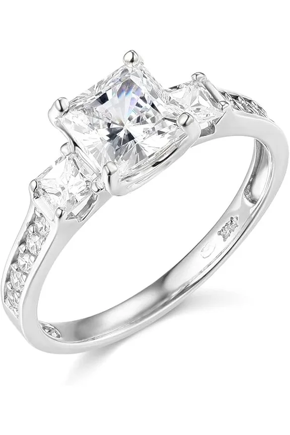 3 Stone Diamond Ring, 14K White Gold Plated, Women's Engagement Ring, 1.6 CT Princess Cut Simulated Diamond, Wedding Diamond Ring, Anniversary Gift For Her, Valentine Ring