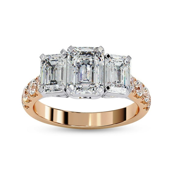 3 Stone Engagement Promise Rings for Women | Center 7X5MM Emerald Cut Lab Created Moissanite Promise Rings for Her in 10K Solid Rose Gold, Ring Size 5.5