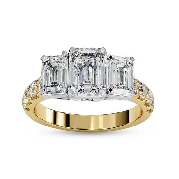 3 Stone Engagement Promise Rings for Women | Center 7X5MM Emerald Cut Lab Created Moissanite Promise Rings for Her in 10K Solid Yellow Gold, Ring Size 4