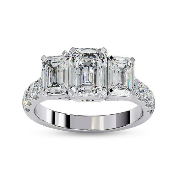 3 Stone Engagement Promise Rings for Women | Center 7X5MM Emerald Cut Lab Created Moissanite Promise Rings for Her in 14K Solid White Gold, Ring Size 5.5