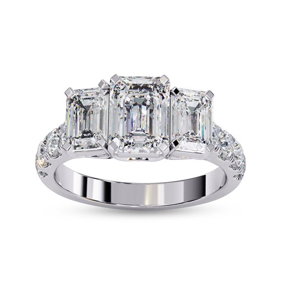 3 Stone Engagement Promise Rings for Women | Center 7X5MM Emerald Cut Lab Created Moissanite Promise Rings for Her in 14K White Gold Over Sterling Silver, Ring Size 10