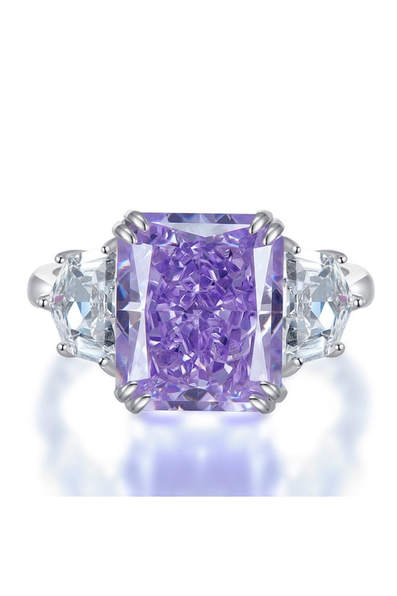 3 Stone Engagement Ring 925 Sterling Silver 8 Carat CZ Simulated Purple/Yellow Diamond Ring Radiant Cut Cocktail Statement Rings for Women