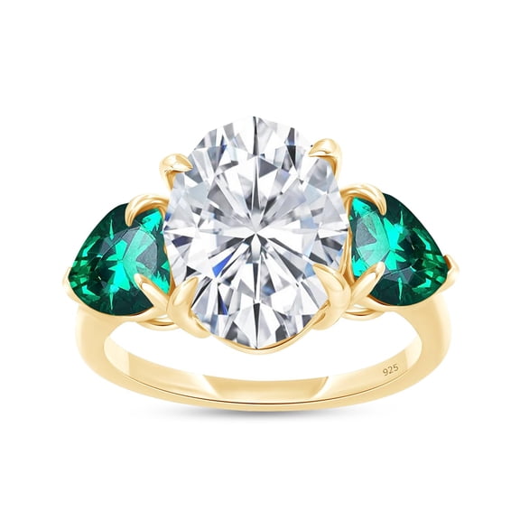AFFY 3-Stone Engagement Ring for Women, Oval Cut Moissanite & Heart Cut Green Emerald Lab Grown Gemstone Birthstone Promise Ring for Her in 14k Yellow Gold Over Sterling Silver-4.5