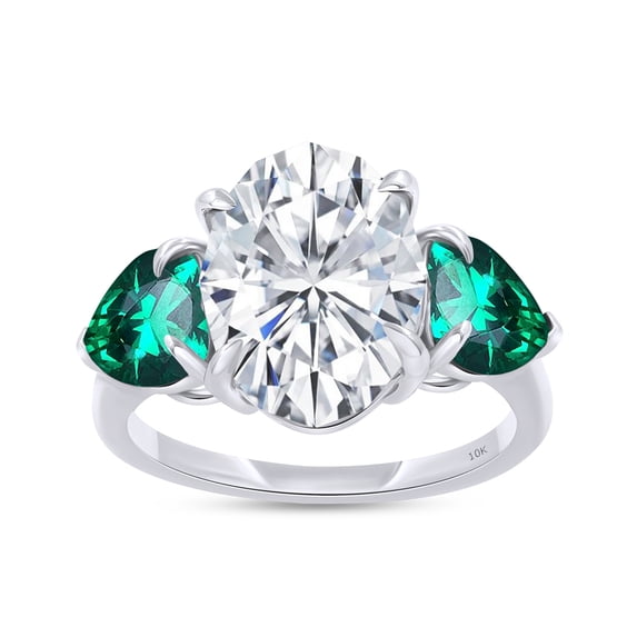 3-Stone Engagement Ring for Women, Oval Cut Moissanite & Heart Cut Green Emerald Lab Grown Gemstone Birthstone Promise Ring for Her in 10K Solid White Gold Size 9