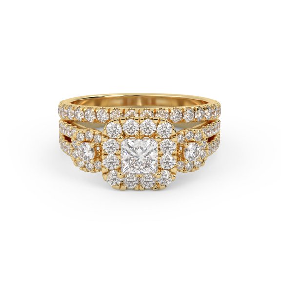 3 Stone Halo Solitaire Bridal Set Ring for Women, IGI Certified 1.50 Carat (ctw) Princess Cut Lab Grown Diamond Engagement Wedding Ring In 14K Solid Yellow Gold F-G, VS-SI Quality Ring Size-9