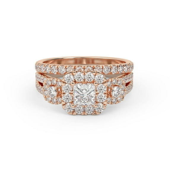 3 Stone Halo Solitaire Bridal Set Ring for Women, IGI Certified 1.50 Carat (ctw) Princess Cut Lab Grown Diamond Engagement Wedding Ring In 18K Solid Rose Gold F-G, VS-SI Quality Ring Size-4