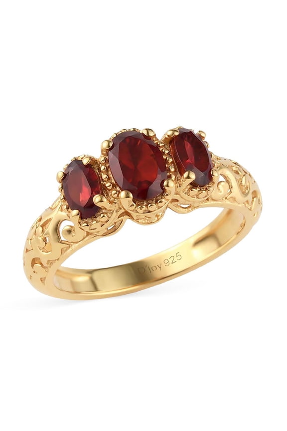 3 Stone Garnet Ring for Women in 14K Gold Plated 925 Sterling Silver - January Birthstone Promise Engagement Vintage Red Garnet Jewelry Birthday Christmas Gifts Size - 7