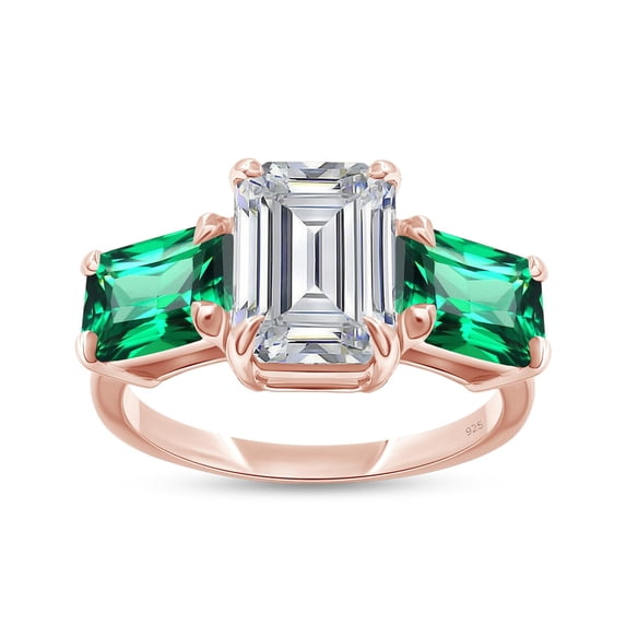 AFFY 3-Stone Ring for Women, Emerald Cut Lab Created Moissanite & Green Emerald Lab Grown Gemstone Birthstone Engagement Ring | Promise Ring for Her in 10K Solid Rose Gold-5