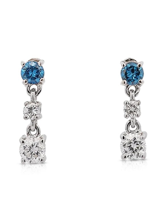 3 Stone Round Cut Natural Blue and White Diamond Drop Earrings in 18k White Gold