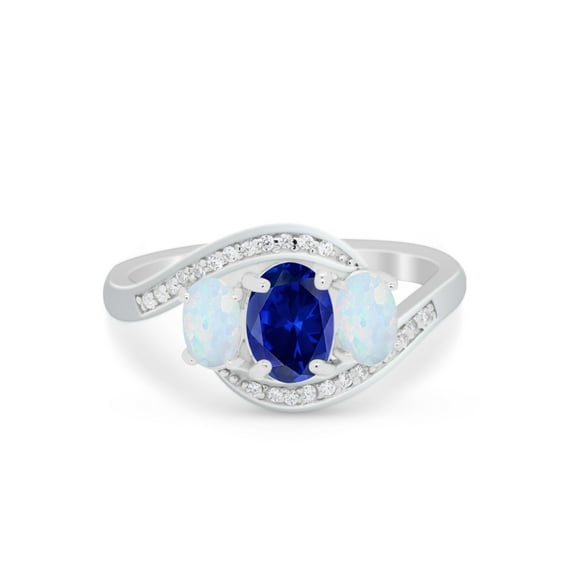 3-Stone Swirl Oval Ring Blue Sapphire CZ 925 Sterling Silver Size 12