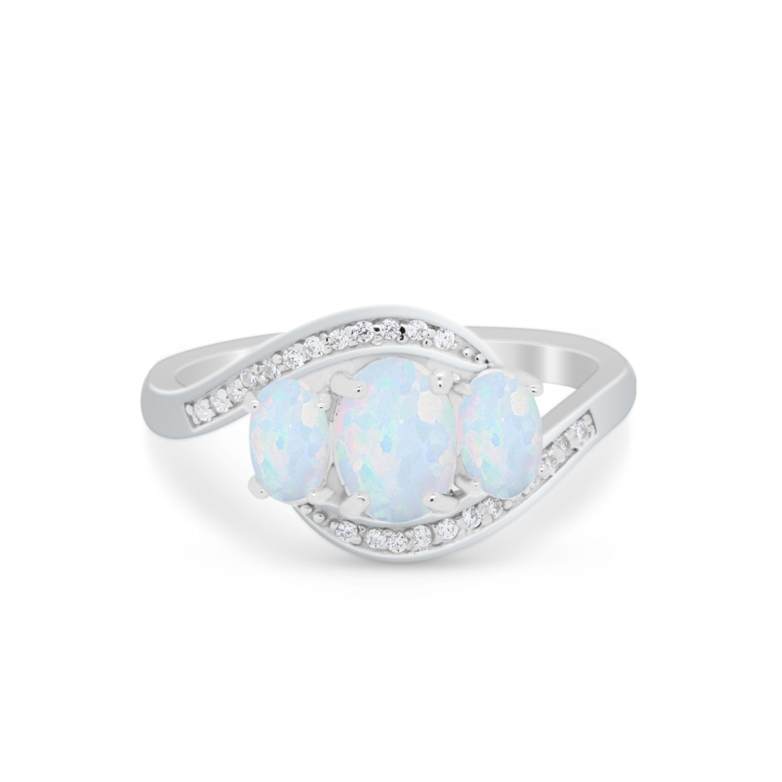 3-Stone Swirl Oval Ring Lab Created White Opal 925 Sterling Silver Size ...