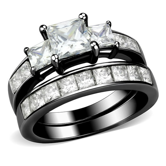 3 Stone Type 6mm Princess CZ Black IP Stainless Steel Promise Ring Set - Size 10