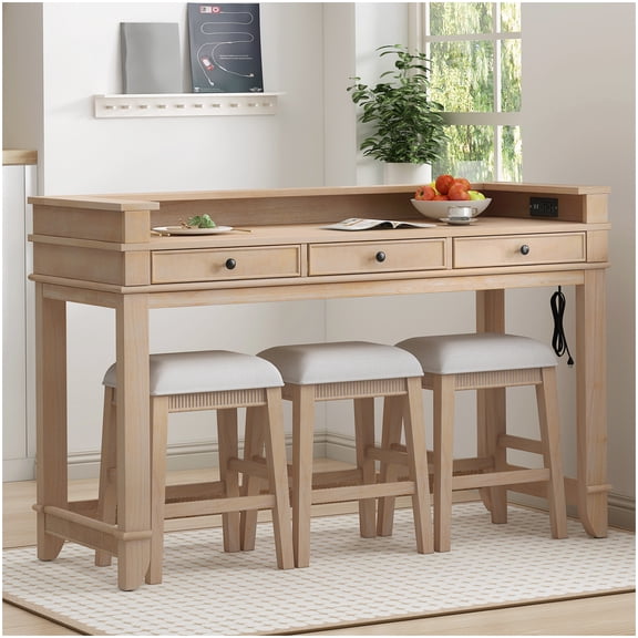 3-Stool Kitchen Table Set with USB Ports and Drawers, Small Space Retro Dining Furniture in Natural Wood Grain