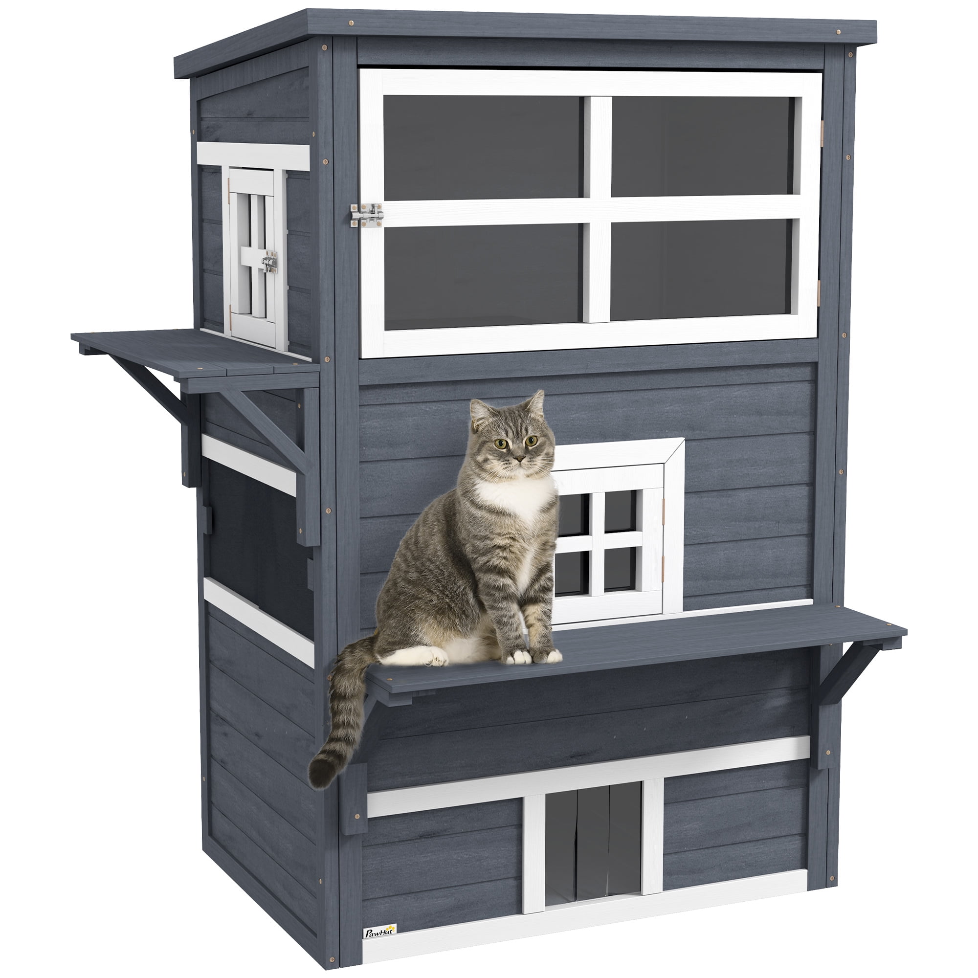 3-Story Cat House Feral Cat Shelter, Outdoor Kitten Condo with Raised Floor, Asphalt Roof, Escape Doors, Jumping Platforms, Dark Gray