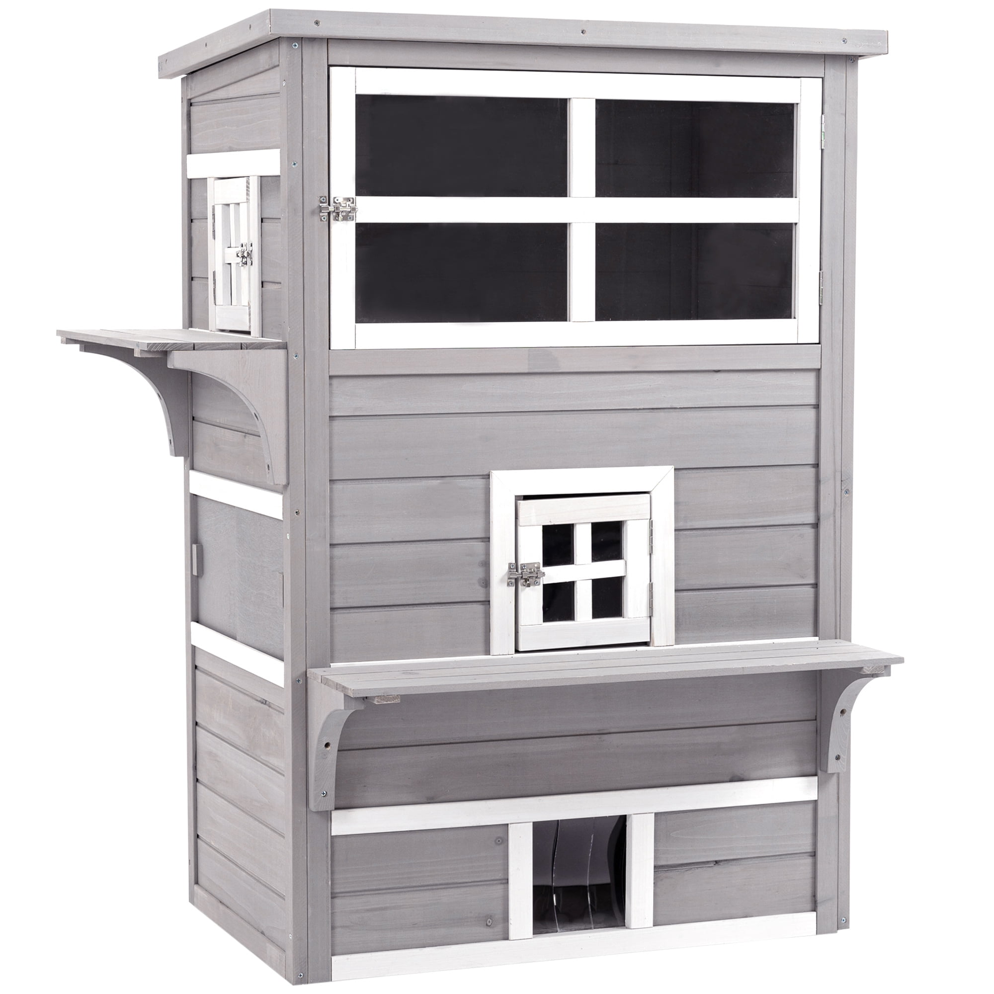 3-Story Cat House Feral Cat Shelter, Outdoor Kitten Condo with Raised Floor, Asphalt Roof, Escape Doors, Jumping Platforms, Grey