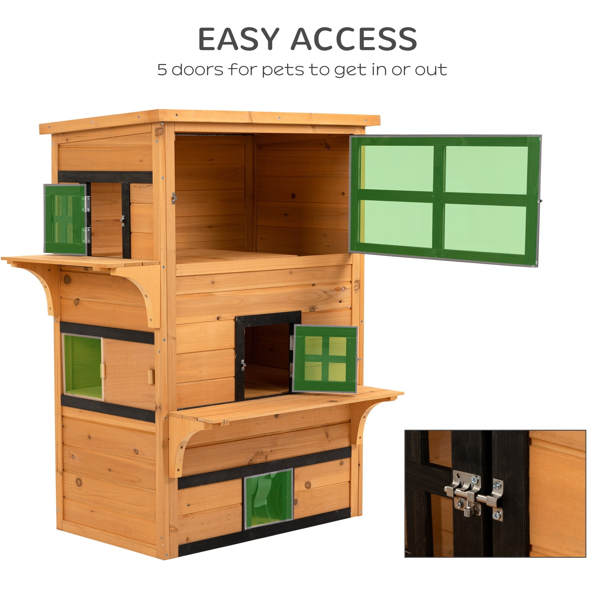 3-Story Natural Fir Wood Outdoor Cat House with Green Windows
