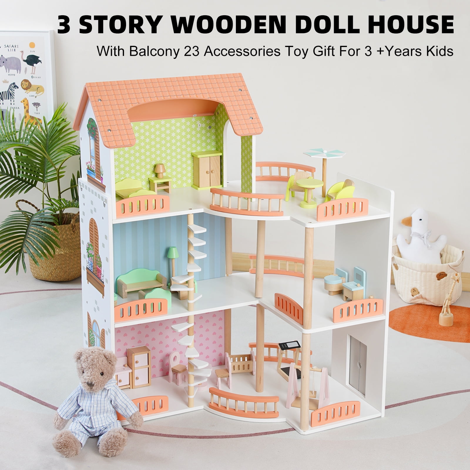Story Wooden Doll House With Balcony 23 Accessories Toy Gift For