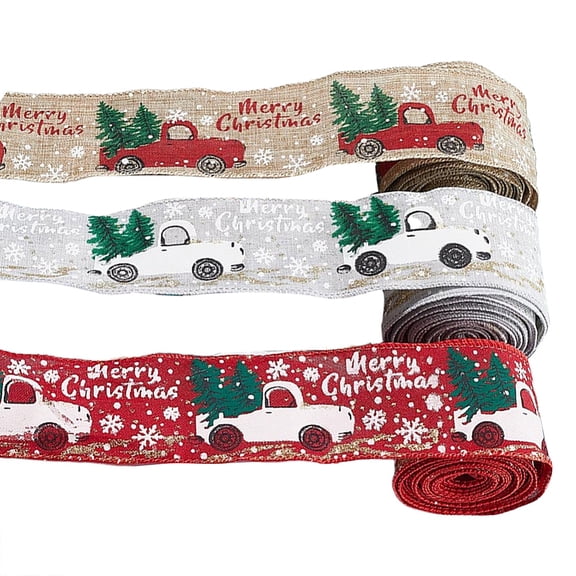 3 Strands 3 Colors Printed Linen Ribbon for Gift Wrapping Party Decoration Truck & Christmas Tree Pattern Mixed Color 2 inch about 5.47 Yards/Bag