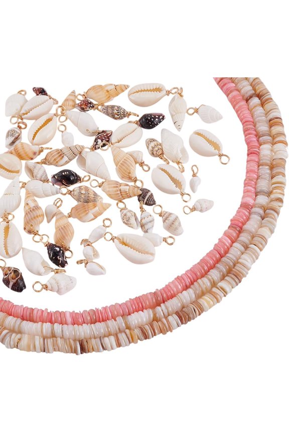 3 Strands 3 Colors Shell Beads Strands with 60Pcs Spiral Seashells Craft Charms Cowrie Sea Shells Conch Pendant with Loop Bail