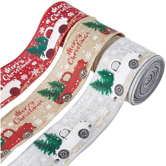 3 Strands 3 colors Printed Linen Ribbon for Gift Wrapping Party Decoration Truck & Christmas Tree Pattern Mixed color 2 inch(52mm) 5.47 Yards(5m)/bag 1 strand/color
