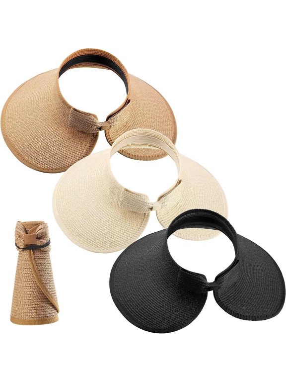 3 Straw Foldable Roll-up Visors for Woman Hat for wearing at the beach, garden, pool, park
