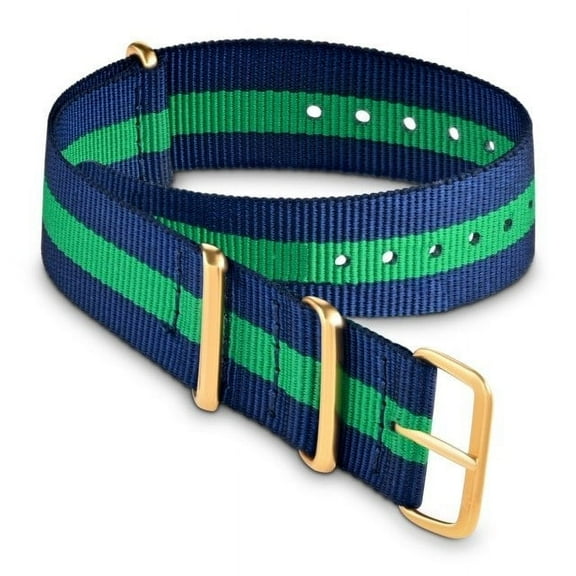 3 Stripe Navy Blue And Green Nato Strap With Gold Buckle