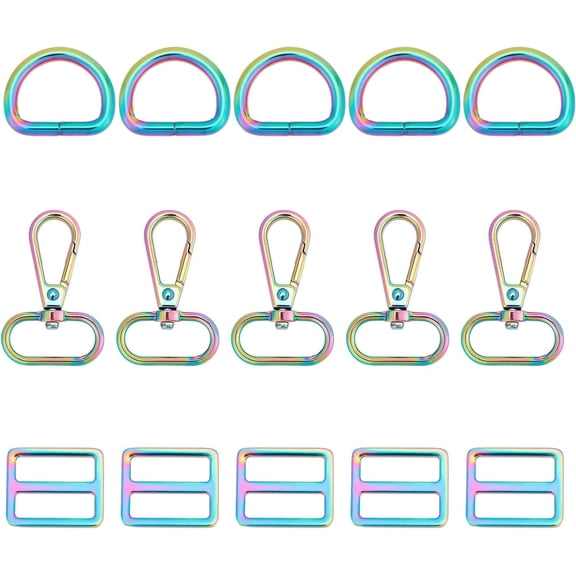 3 Style 15Pcs Rainbow Swivel Clasp Claw Hooks Key Chain Clip Hook Iron D Rings Buckle Clasps Slide Strap Buckle D Ring Adjuster Buckle for Lanyard Dog Collar Backpack Mixed Color