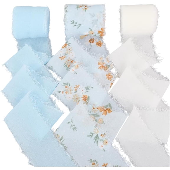 3 Style Floral Fringe Chiffon Ribbon 15Ydsx1.7In Handmade Frayed Edge Fabric Silk Chiffon Ribbon Set for Wedding Party Birthday Invitations Flower Bouquets Spring Gift DIY Crafts Wrapping