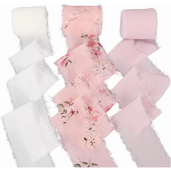 3 Style Floral Fringe Chiffon Ribbon 15Ydsx1.7In Handmade Frayed Edge Fabric Silk Chiffon Ribbon Set for Wedding Party Birthday Invitations Spring Flower Bouquets Wrapping Gift DIY Crafts Mixed Color