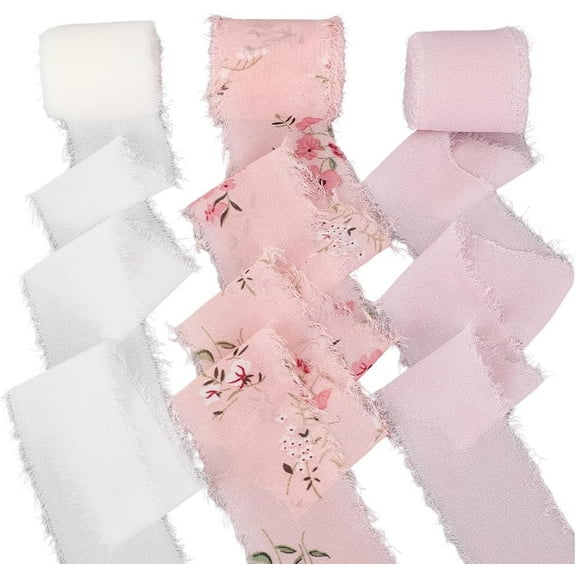 3 Style Floral Fringe Chiffon Ribbon 15Ydsx1.7In Handmade Frayed Edge Fabric Silk Chiffon Ribbon Set for Wedding Party Birthday Invitations Spring Flower Bouquets Wrapping Gift DIY Crafts