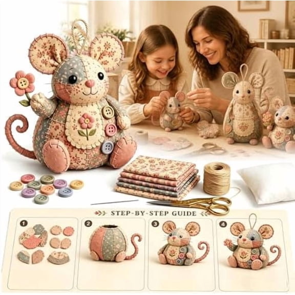 3-Style Patchwork Mouse Craft Kits, DIY Sewing Kits for Beginners with Pre-Cut Fabric, All-Inclusive Sewing Supplies for Handmade Stuffed Animal Ornament, Vintage Decorative Craft Set, 1 Pack. B