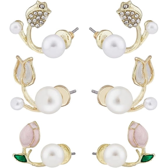 3 Style Tulip Stud Earrings Pearl Flower Front and Back Earrings Pink Petal Stud Earrings Floral Cartilage Earring Lightweight Rhinestone Earrings for Woman for DIY Golden