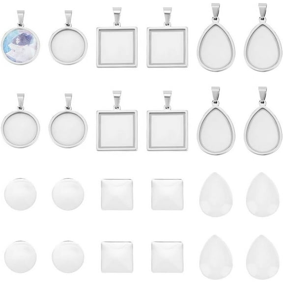 3 Styles 12 Sets DIY Teardrop Blank Pendant Making Kit Stainless Steel Square Cabochon Settings Glass Cabochons Flat Round Blank Pendant Trays for Necklace Jewelry Making Stainless Steel Color diy